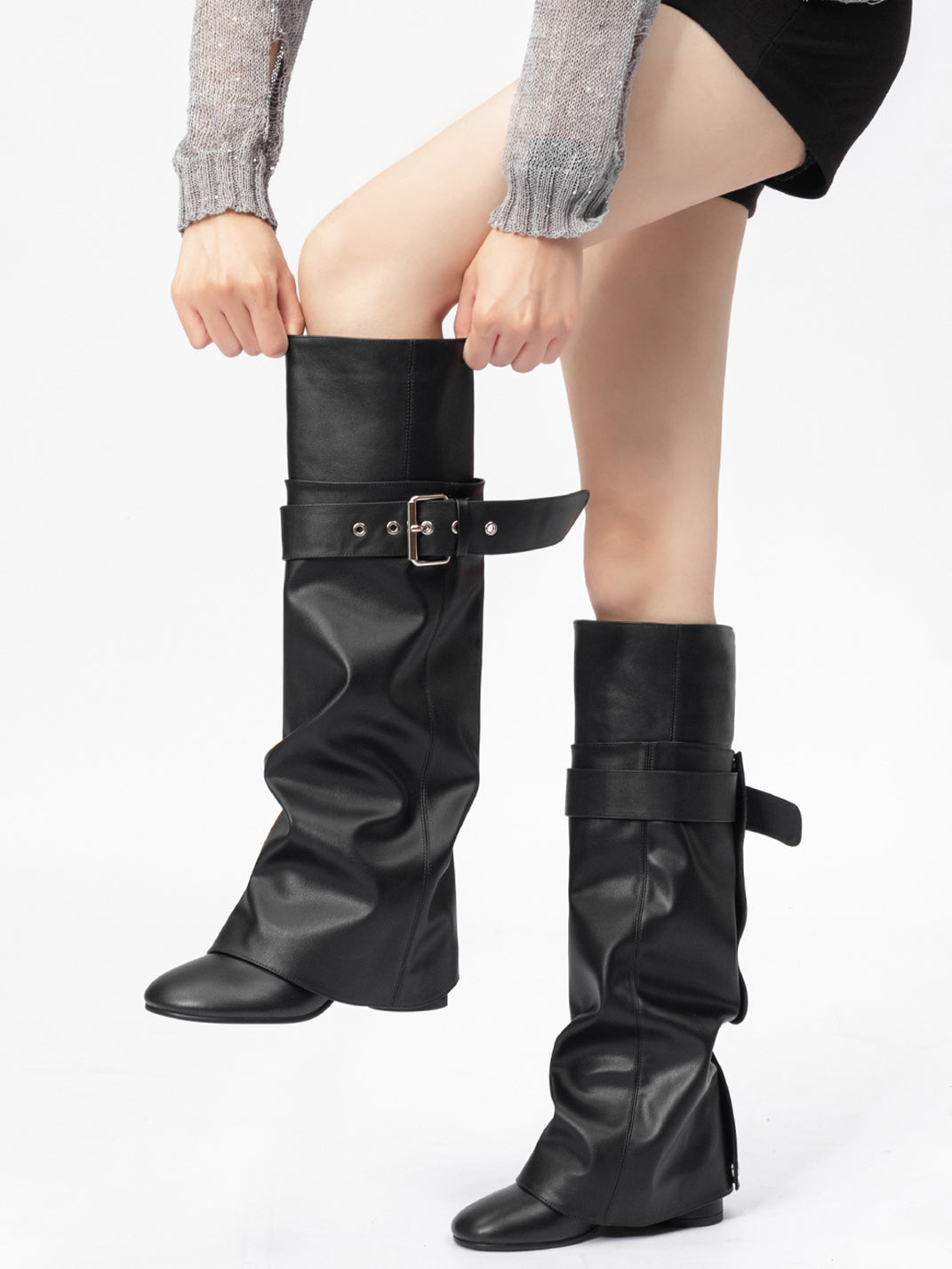Black Foldover Knee-High Heeled Boots - View 4