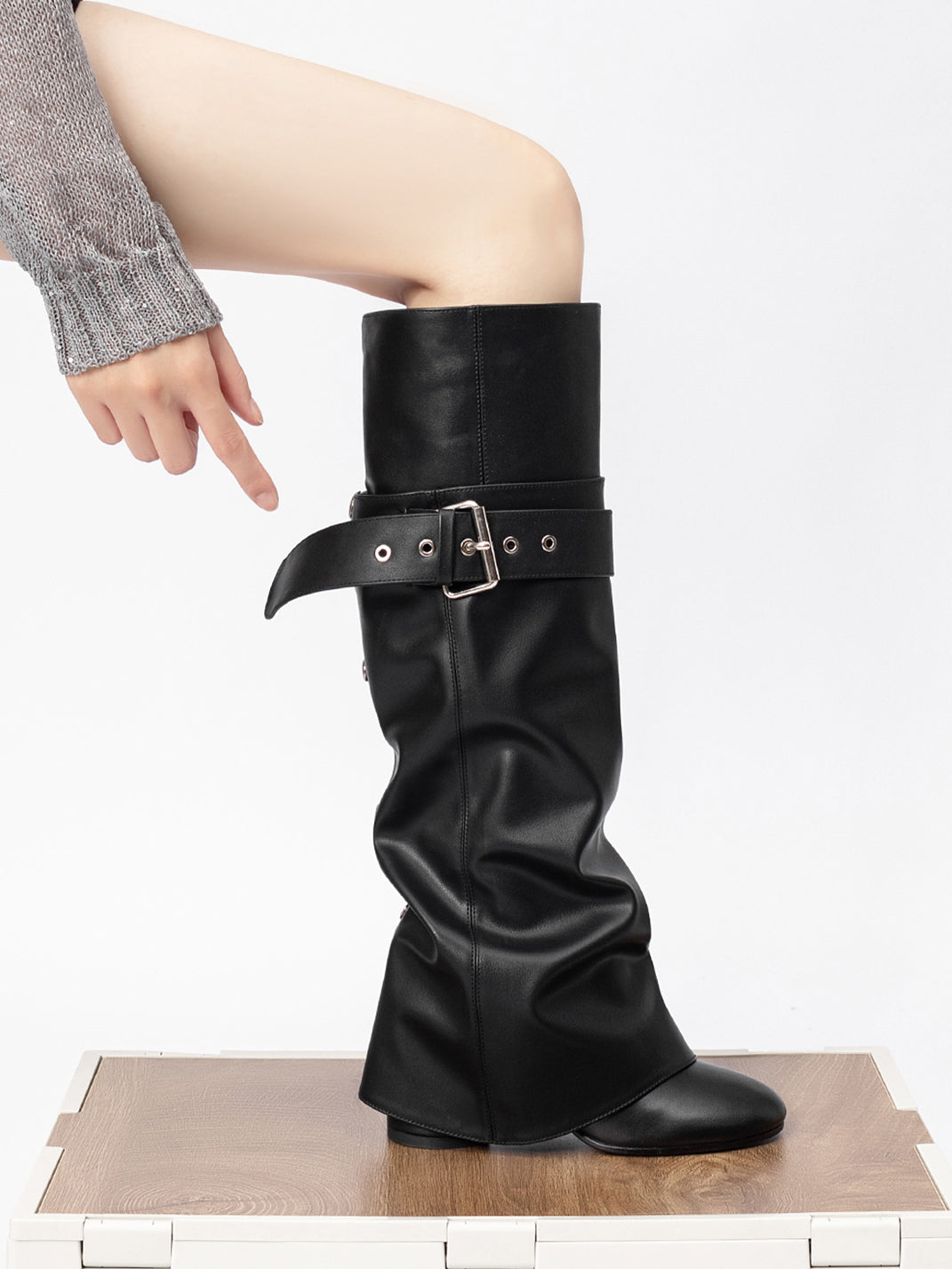 Black Foldover Knee-High Heeled Boots - View 6