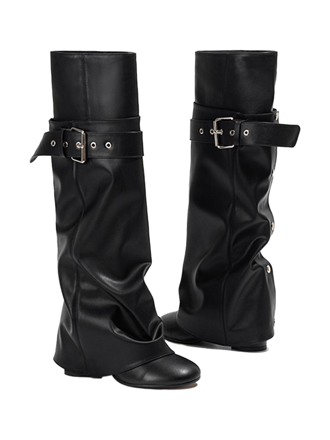 Black Foldover Knee-High Heeled Boots - View 7