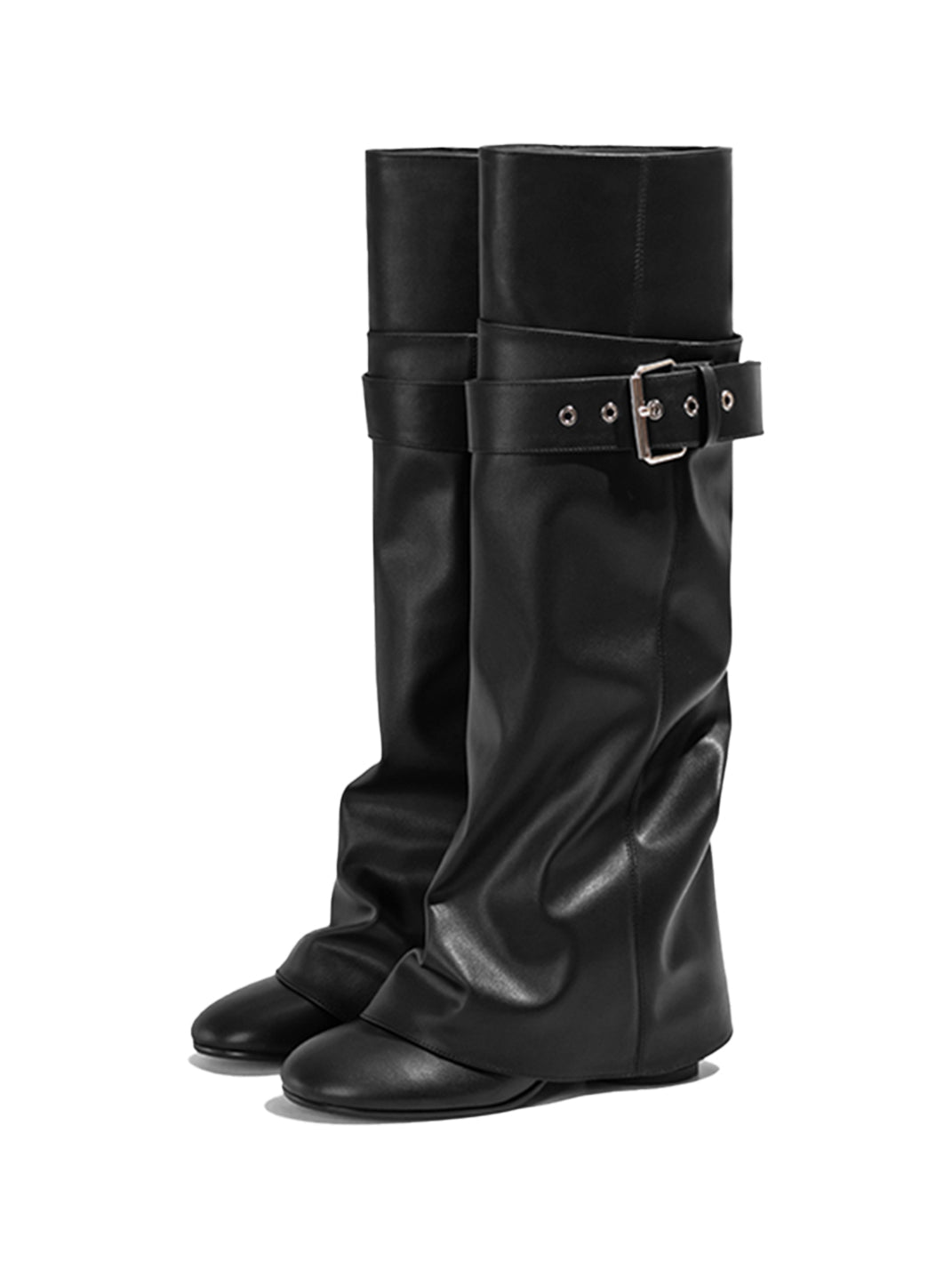 Black Foldover Knee-High Heeled Boots - View 8