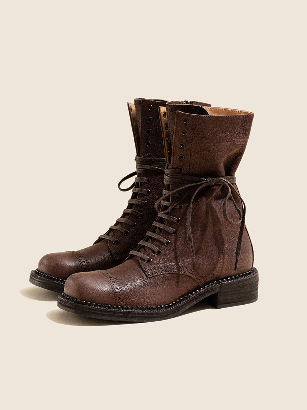 Distressed Leather Mid-Calf Combat Boots - View 9