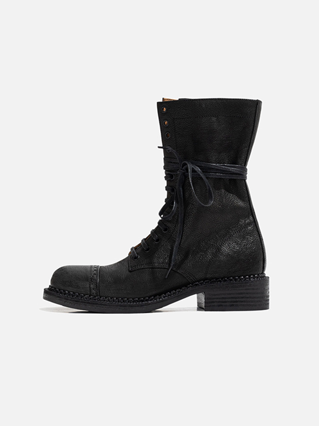 Distressed Leather Mid-Calf Combat Boots - View 12