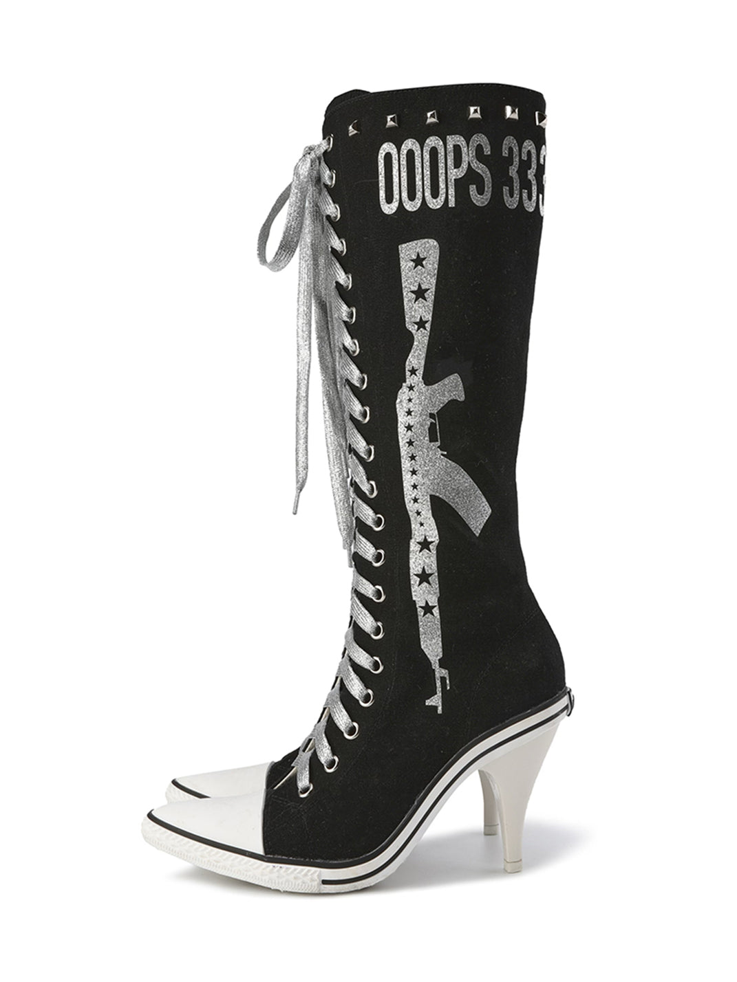 Graphic-Print Clear-Heel Studded Tall Boots