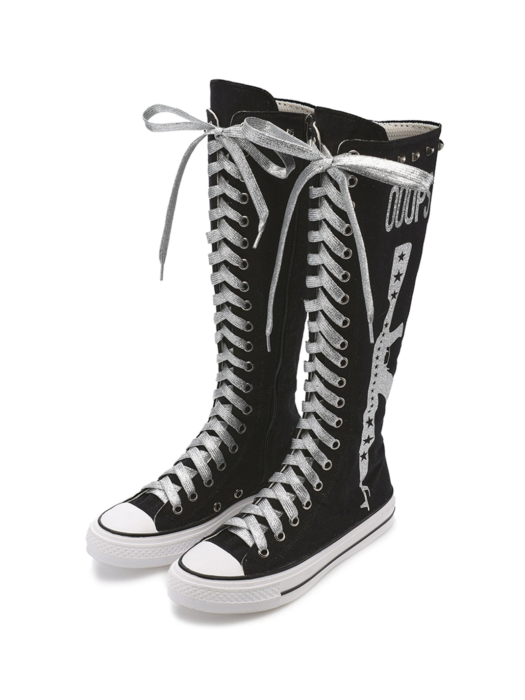 Studded Graphic Canvas Knee-High Boots - View 8