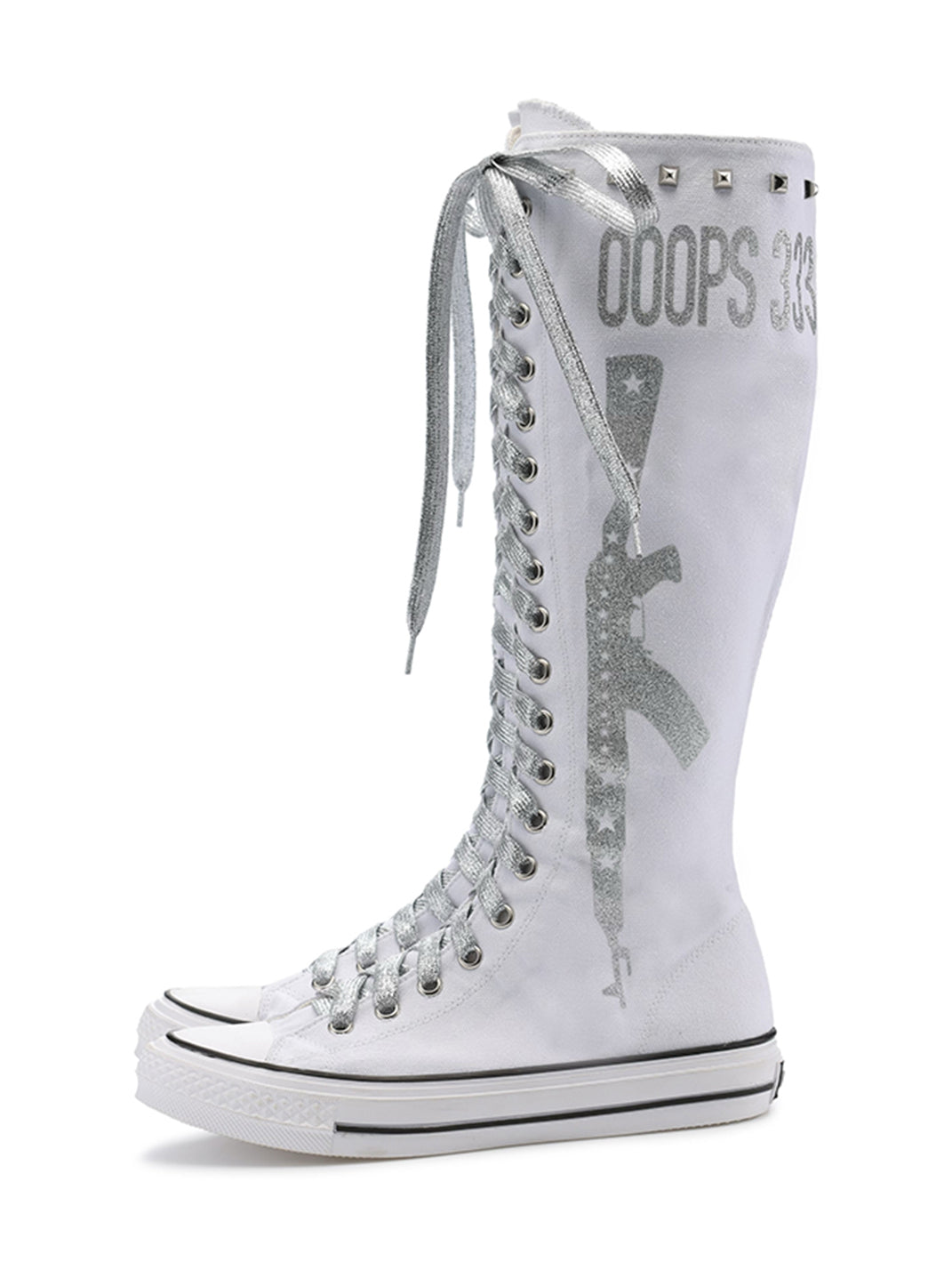 Studded Graphic Canvas Knee-High Boots - View 11
