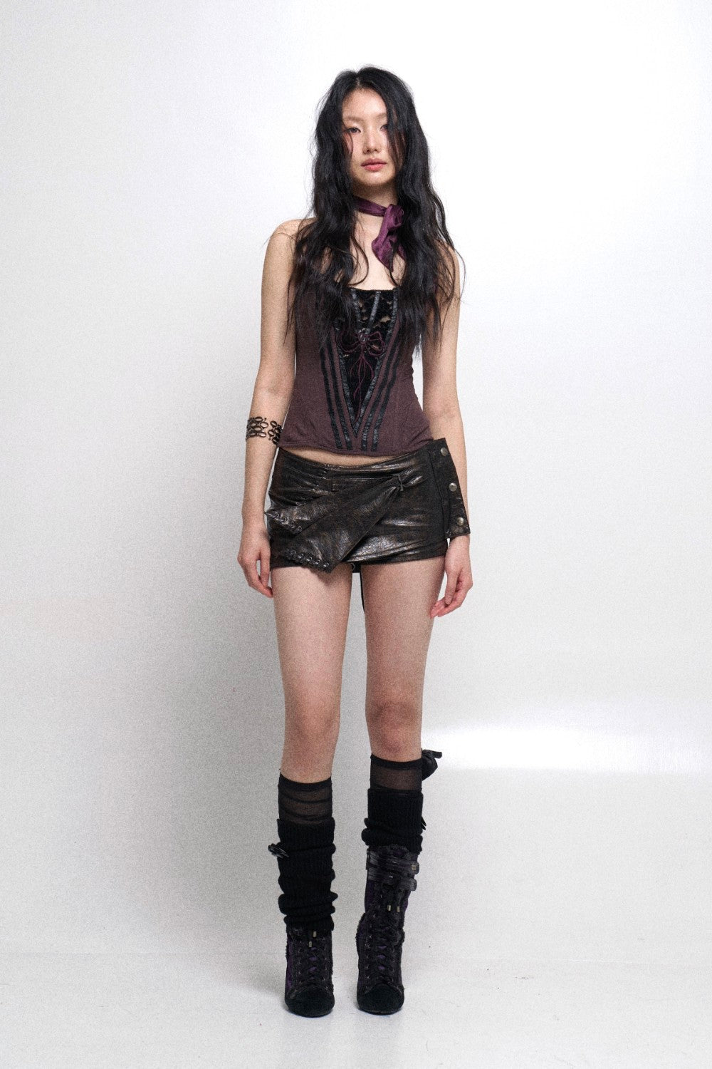 Faux Leather Wrap Mini Skirt with Button Details