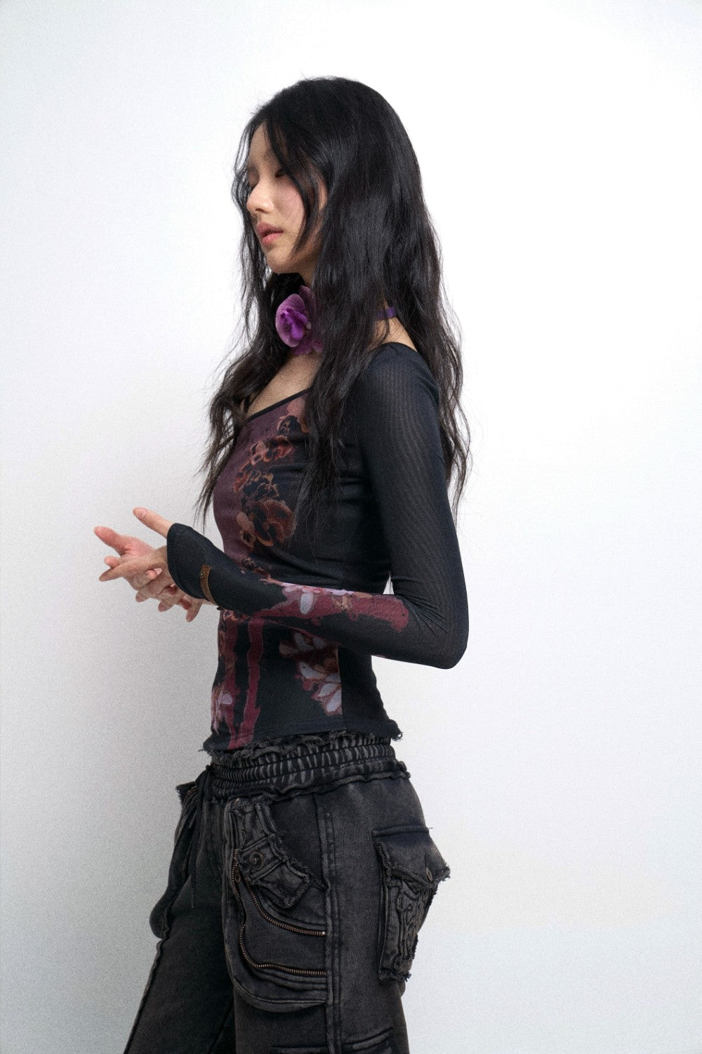 Gothic Floral One Shoulder Top