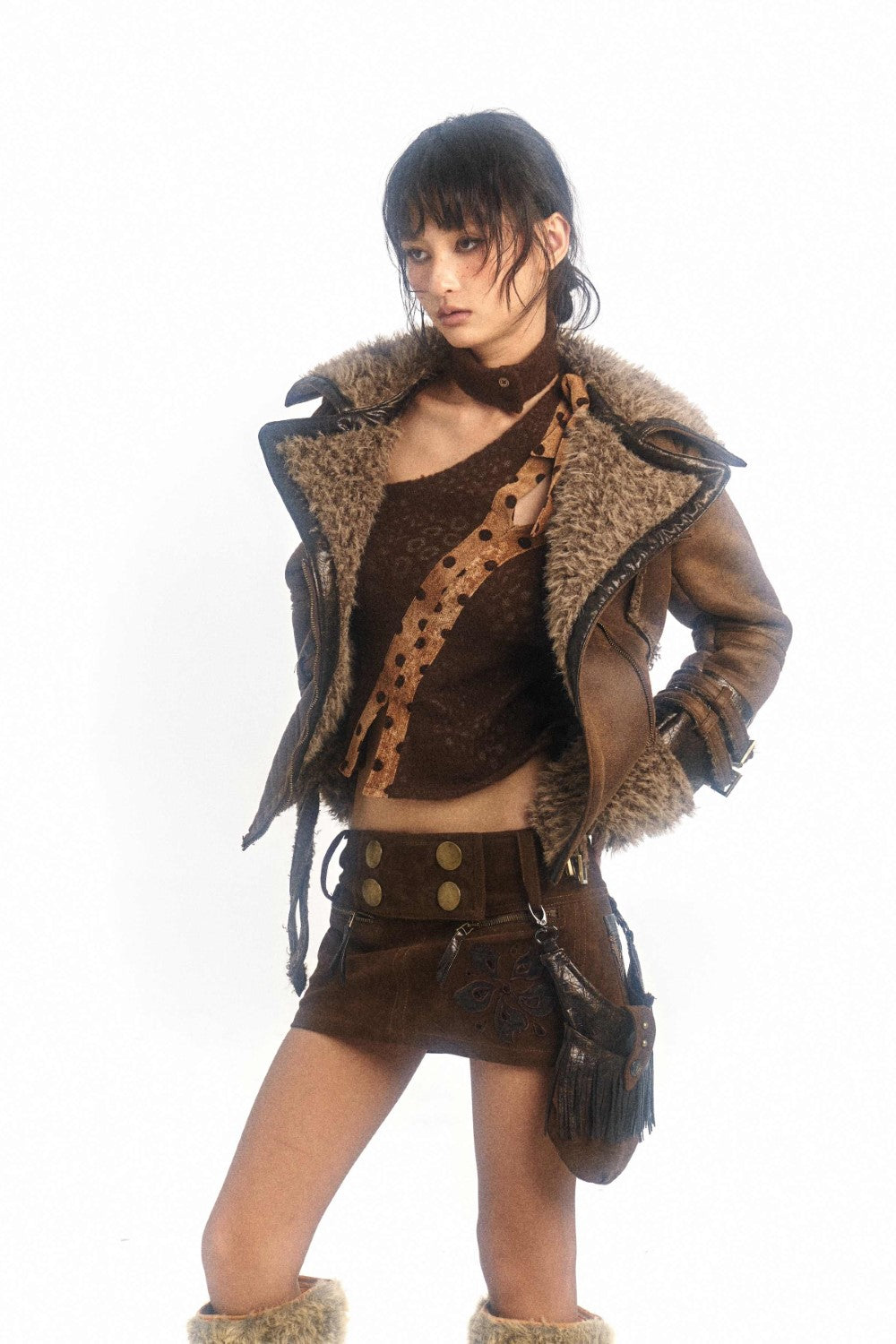 Brown Shearling Moto Leather Jacket