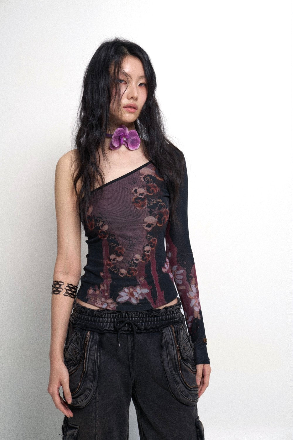 Gothic Floral One Shoulder Top