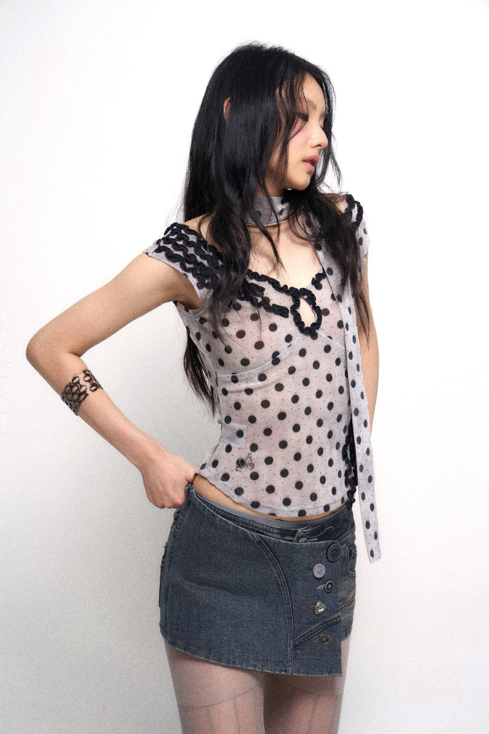 Polka Dot Top with Ruffle Trim