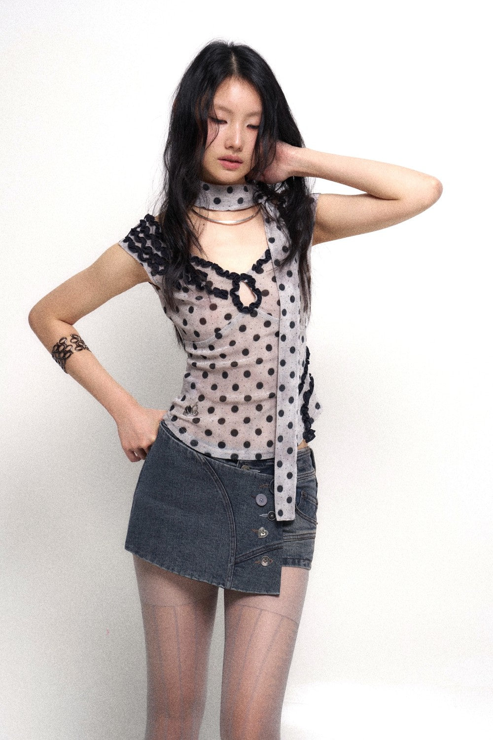 Polka Dot Top with Ruffle Trim
