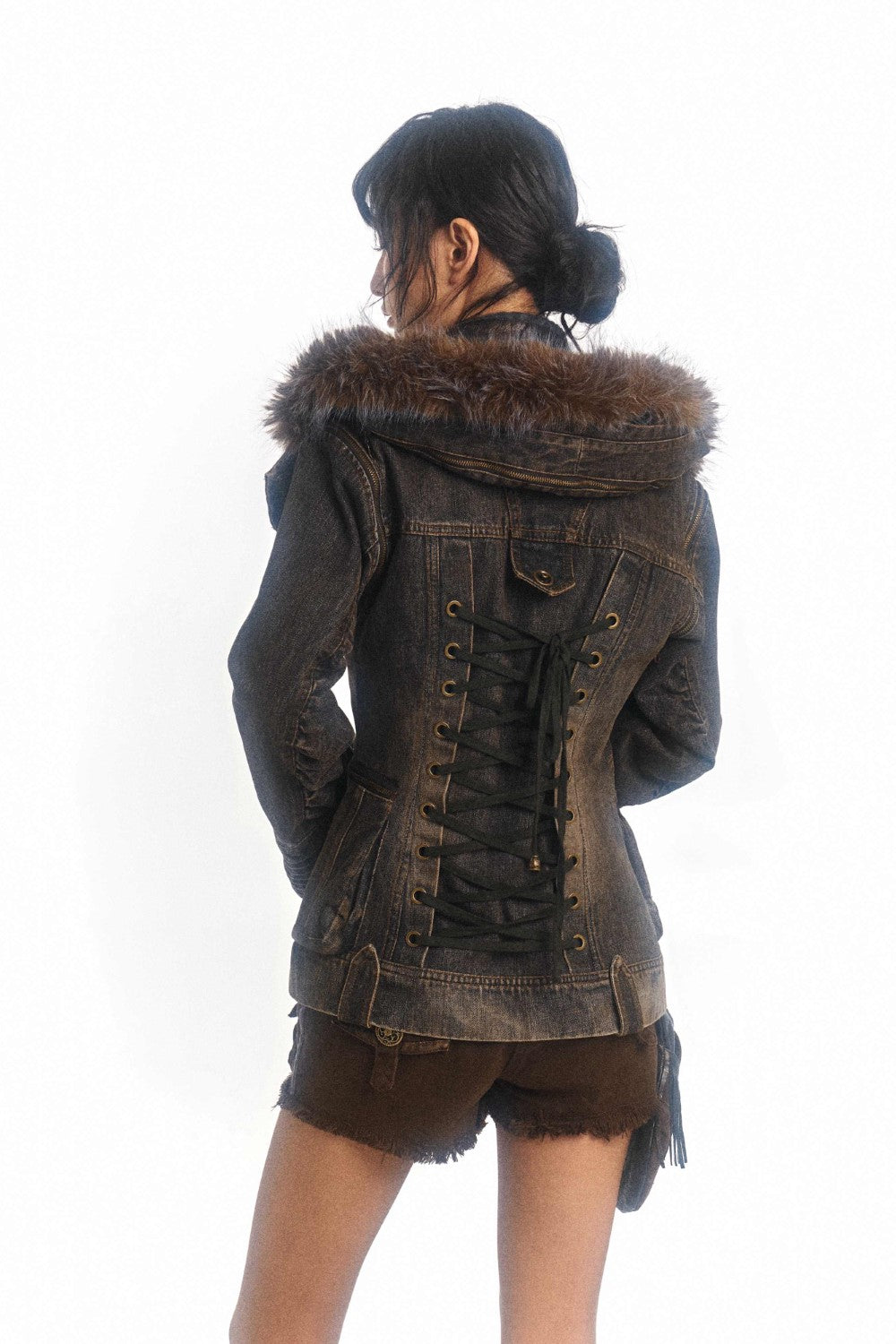 Dark Denim Military-Style Jacket with Fur Trim