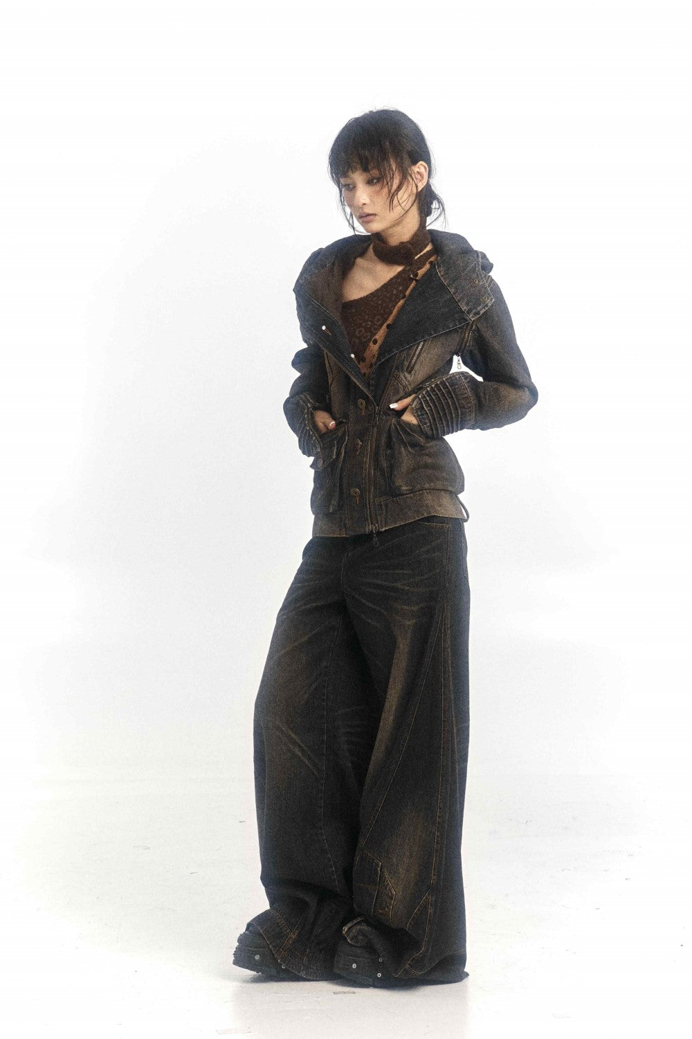 Dark Denim Military-Style Jacket with Fur Trim