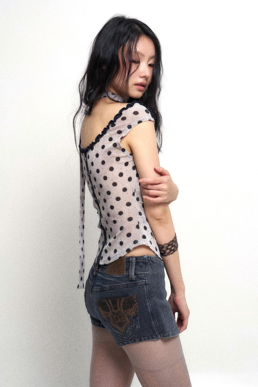 Polka Dot Top with Ruffle Trim