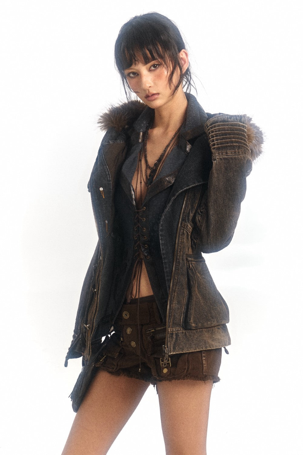 Dark Denim Military-Style Jacket with Fur Trim