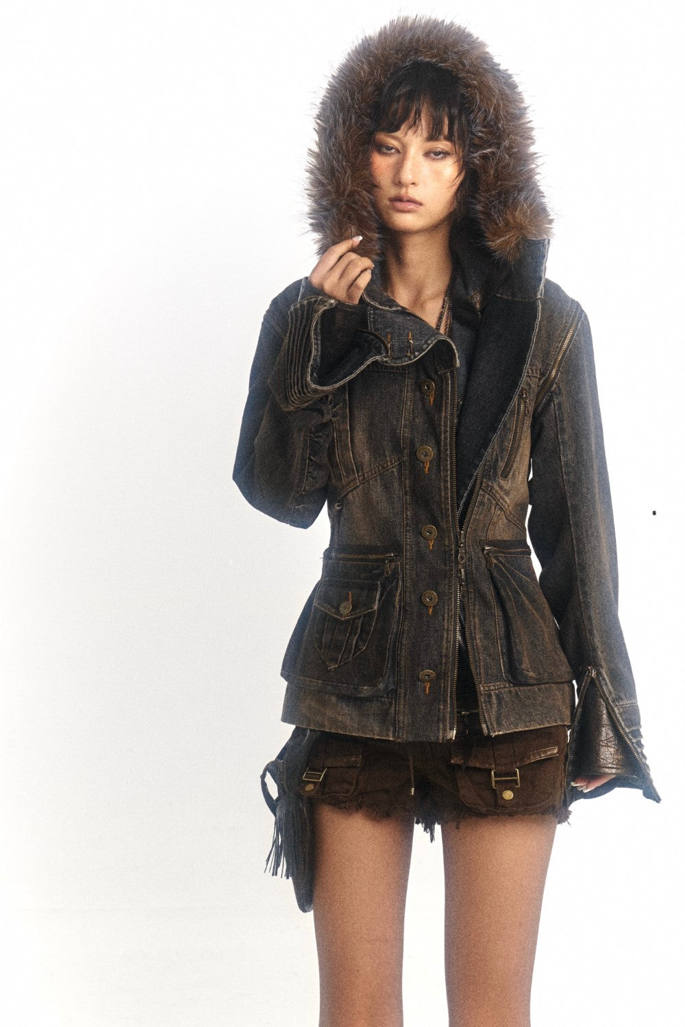 Dark Denim Military-Style Jacket with Fur Trim