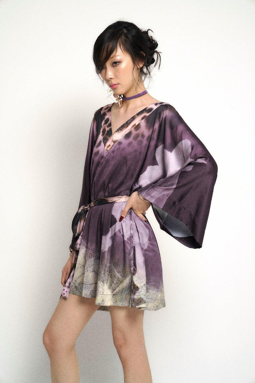 Silk Tie-Dye Kimono Wrap Dress with Bell Sleeves
