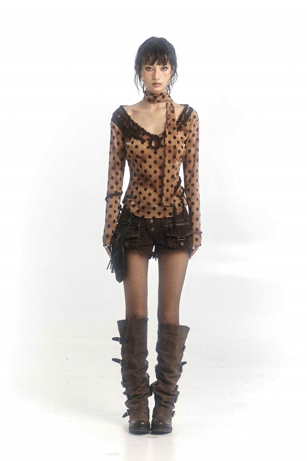 Brown Polka Dot Mesh Blouse