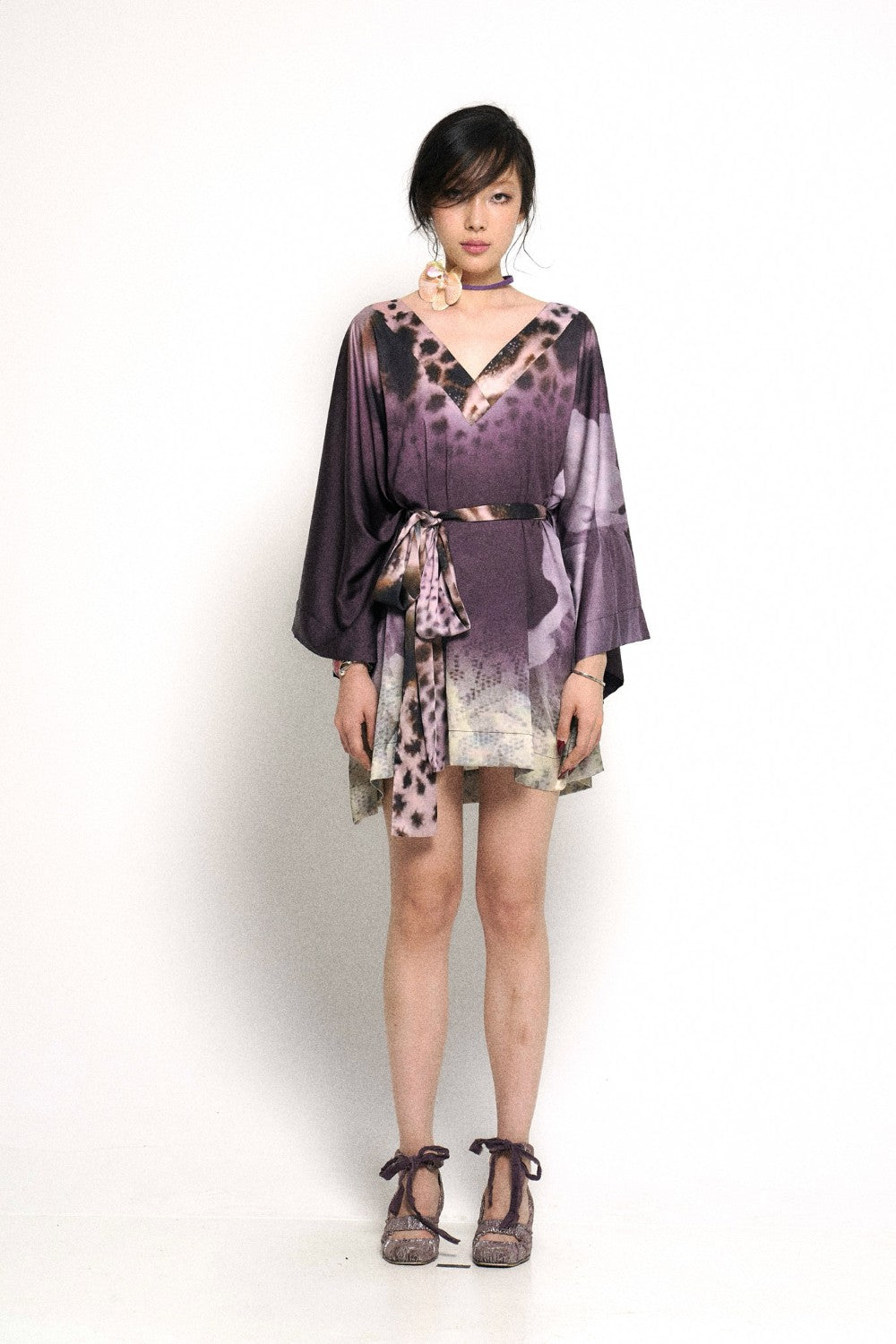 Silk Tie-Dye Kimono Wrap Dress with Bell Sleeves