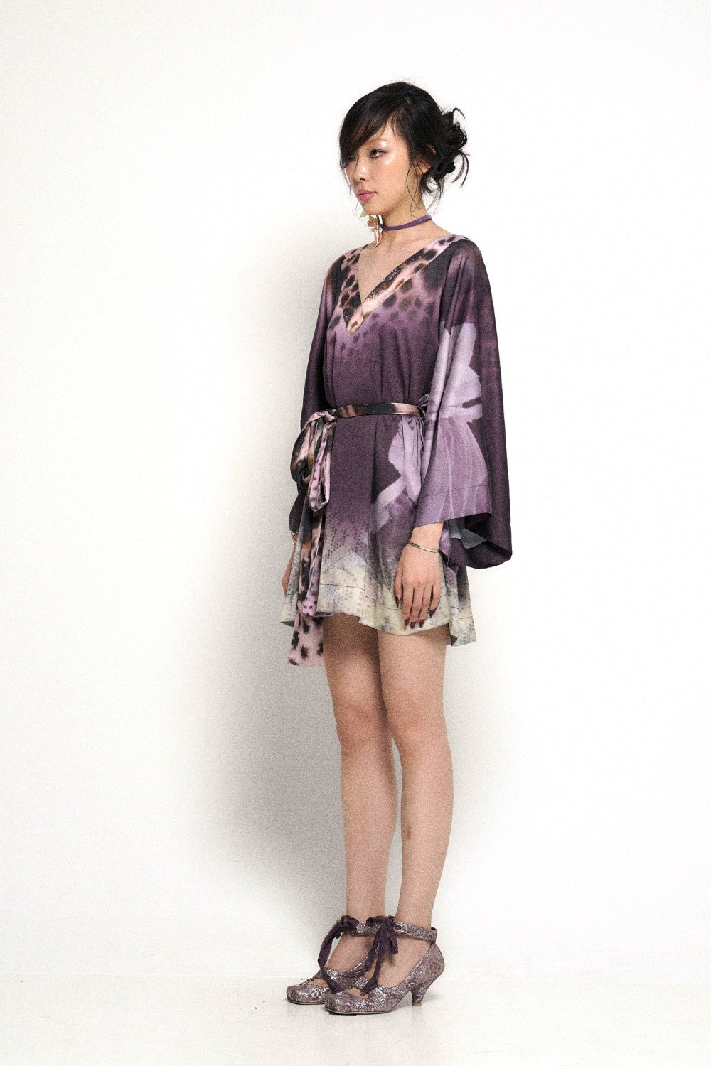 Silk Tie-Dye Kimono Wrap Dress with Bell Sleeves