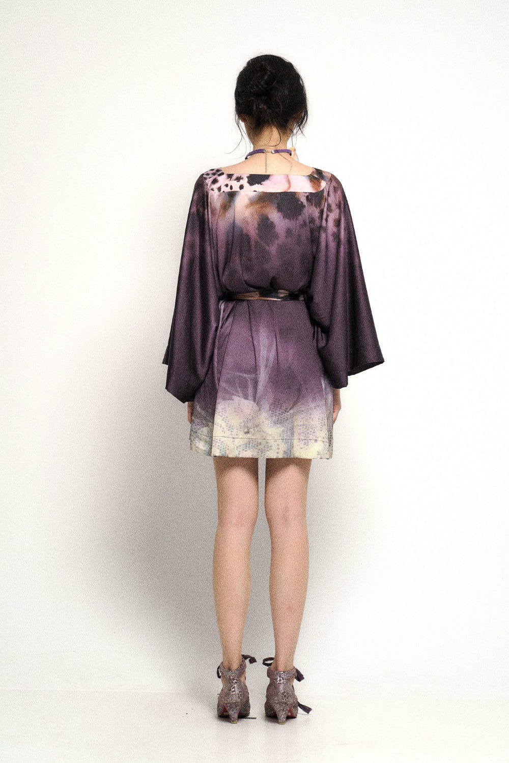 Silk Tie-Dye Kimono Wrap Dress with Bell Sleeves