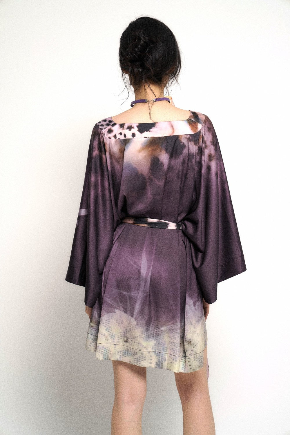 Silk Tie-Dye Kimono Wrap Dress with Bell Sleeves