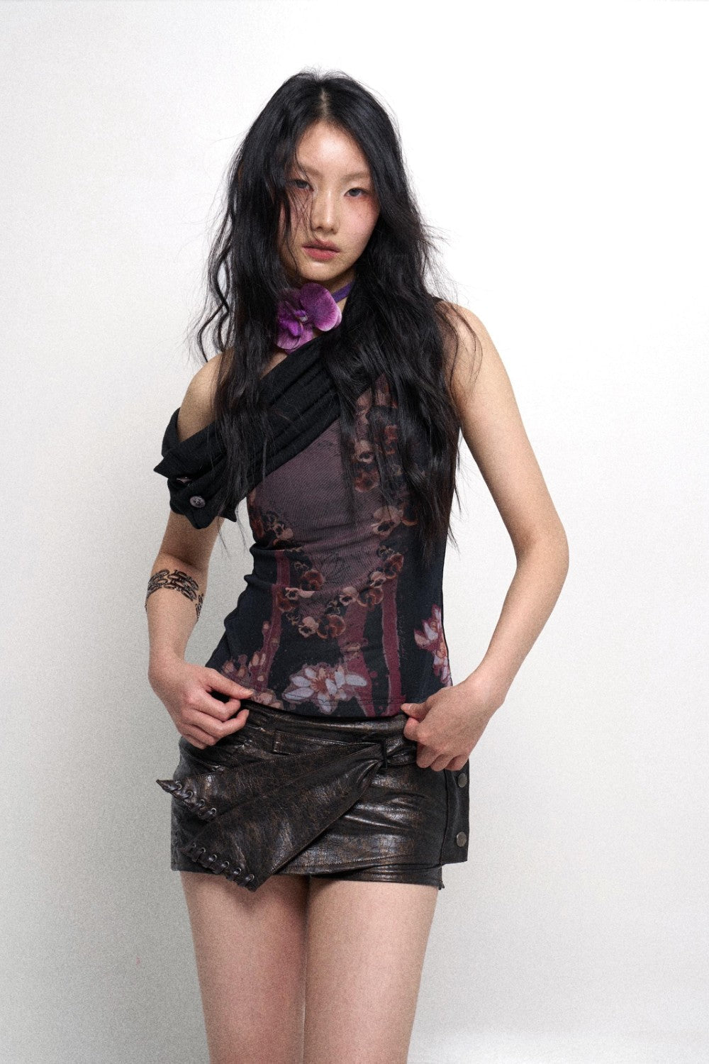 Purple Floral One-Shoulder Top