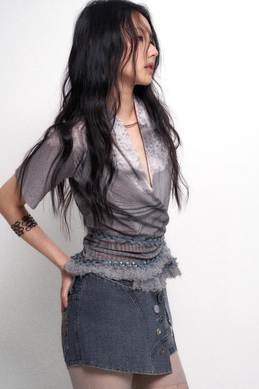 Silver Velvet Wrap Blouse