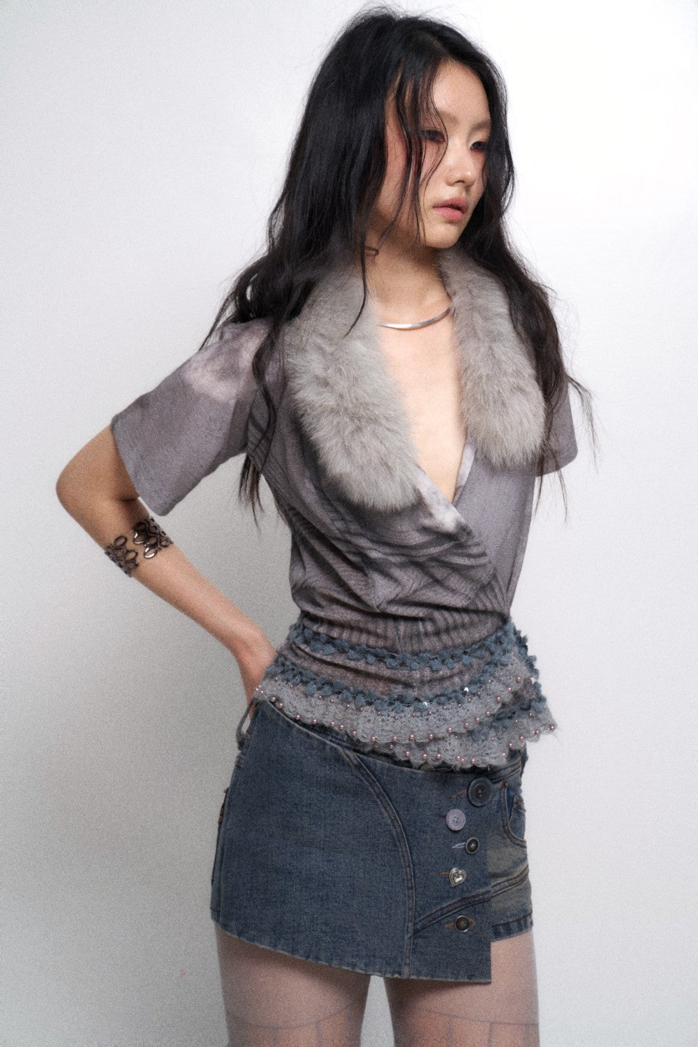Silver Velvet Wrap Blouse