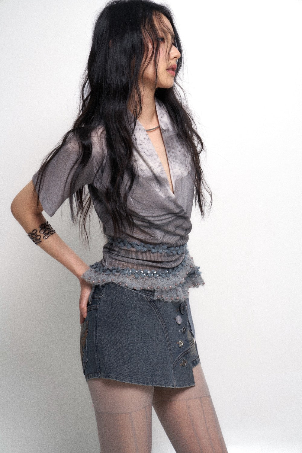 Button Front Denim Mini Skort