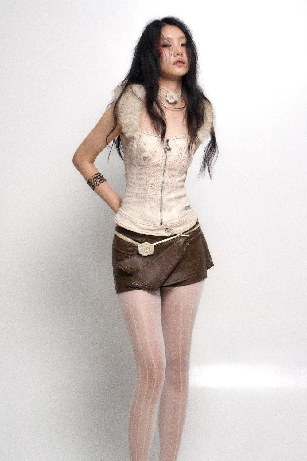Fur-Trimmed Lace Corset Top
