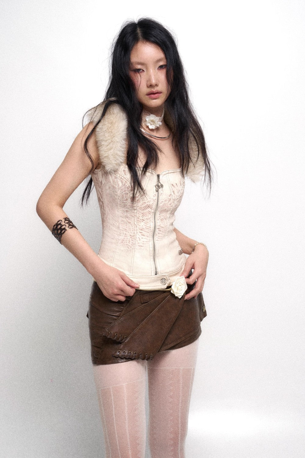 Fur-Trimmed Lace Corset Top