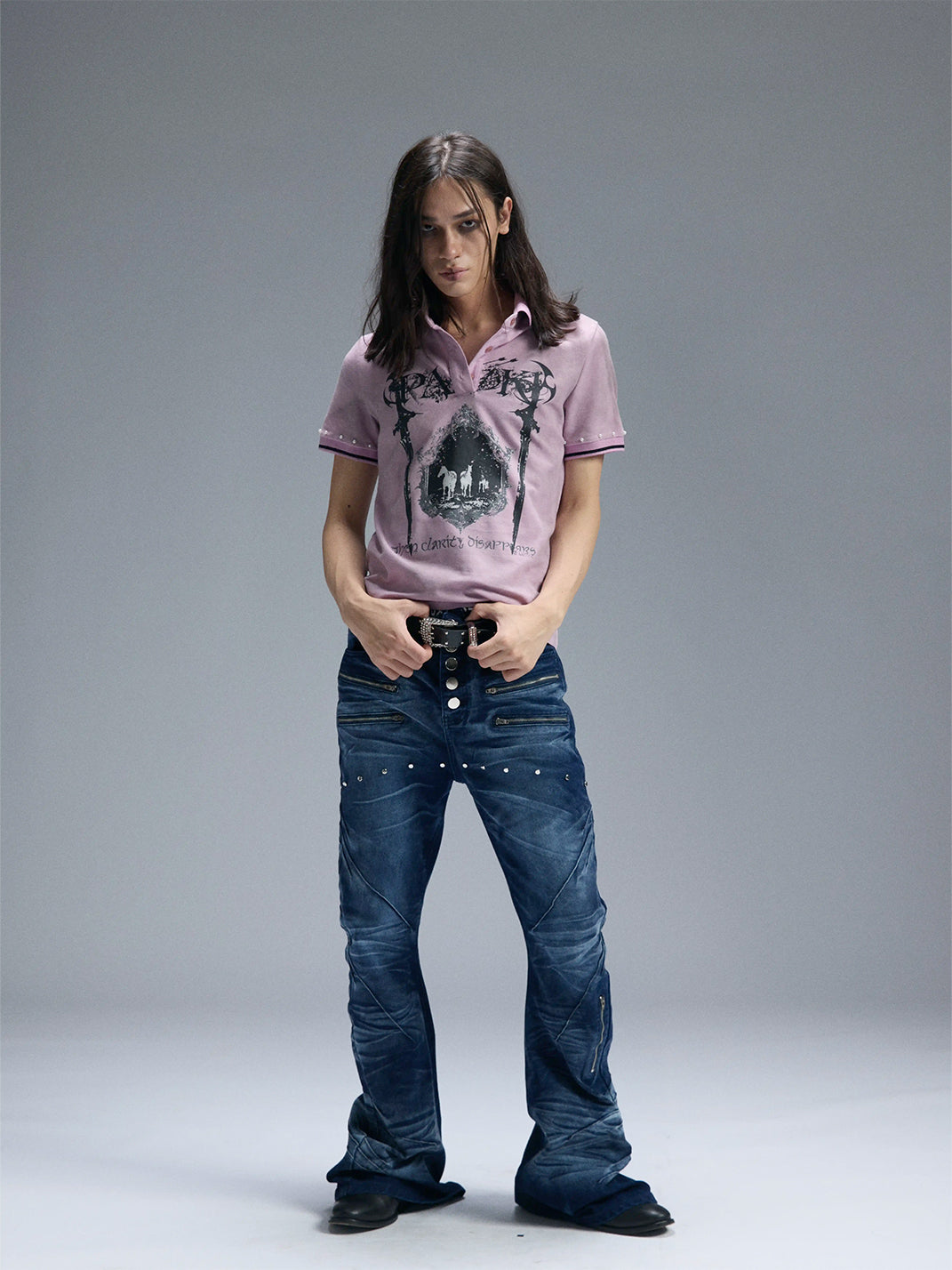 Curved-Blade Washed Denim Jeans - View 2