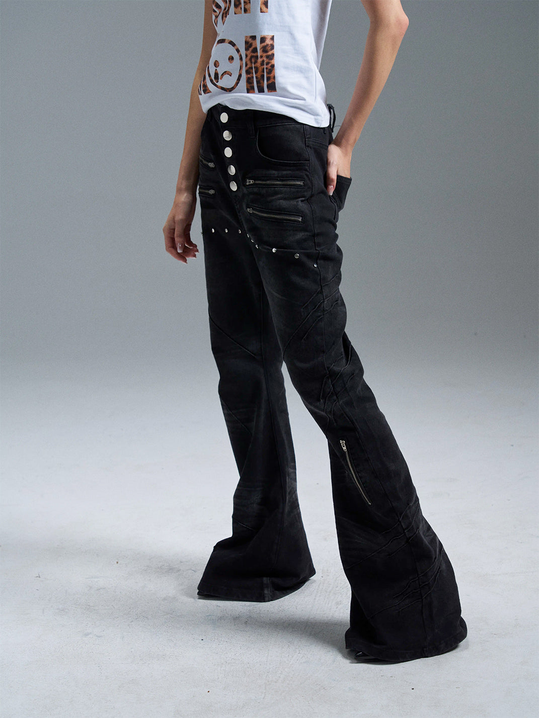 Curved-Blade Washed Denim Jeans - View 5