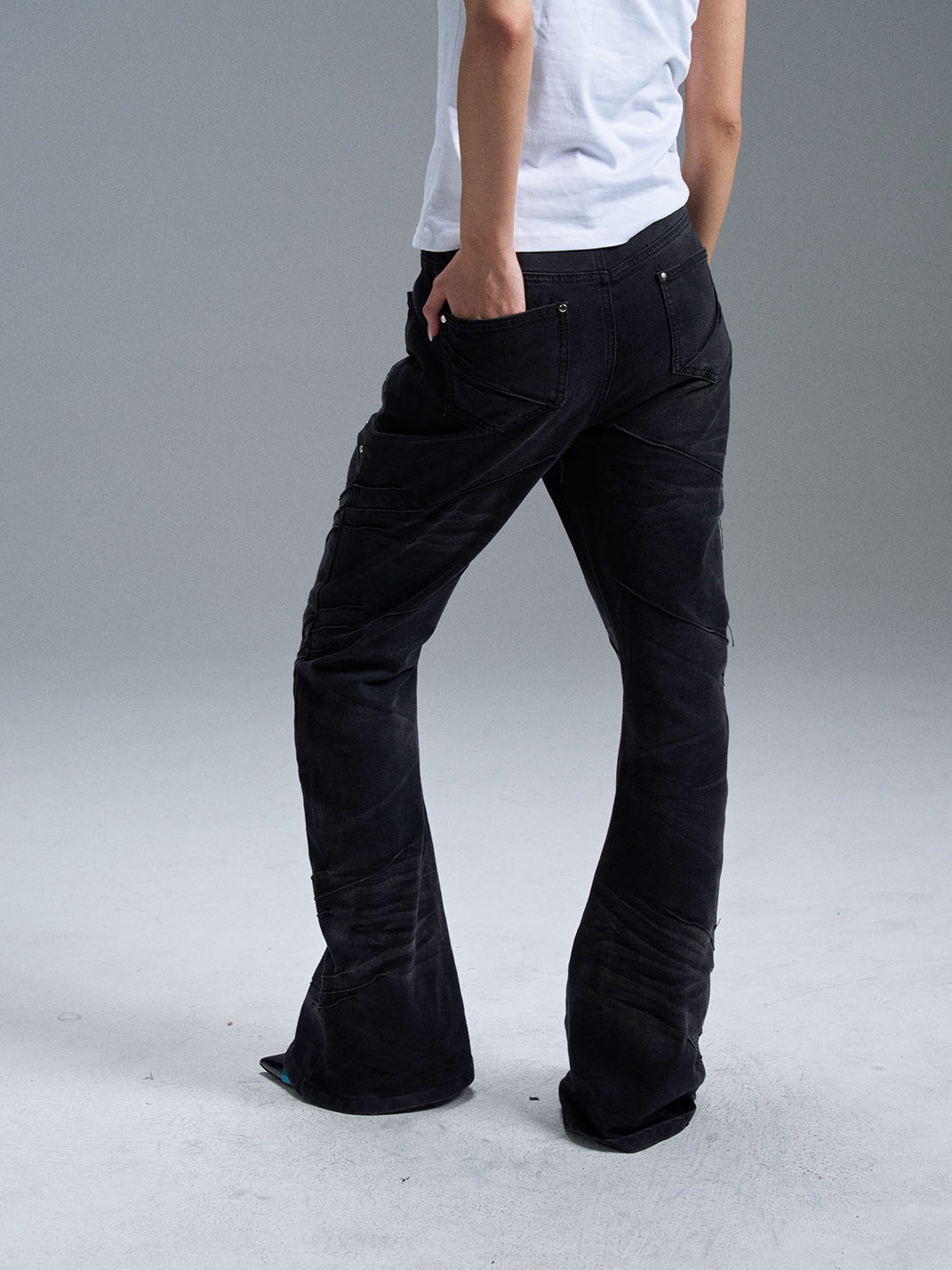 Curved-Blade Washed Denim Jeans - View 11