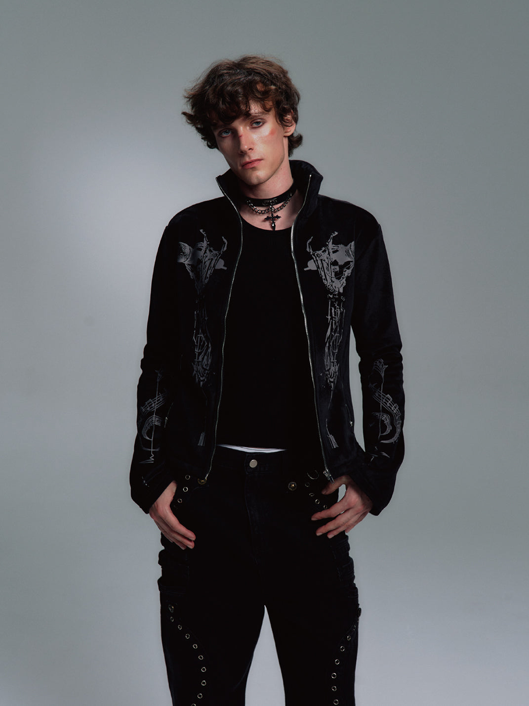 Skull Singer Music-Note Velvet Zip Jacket - View 4