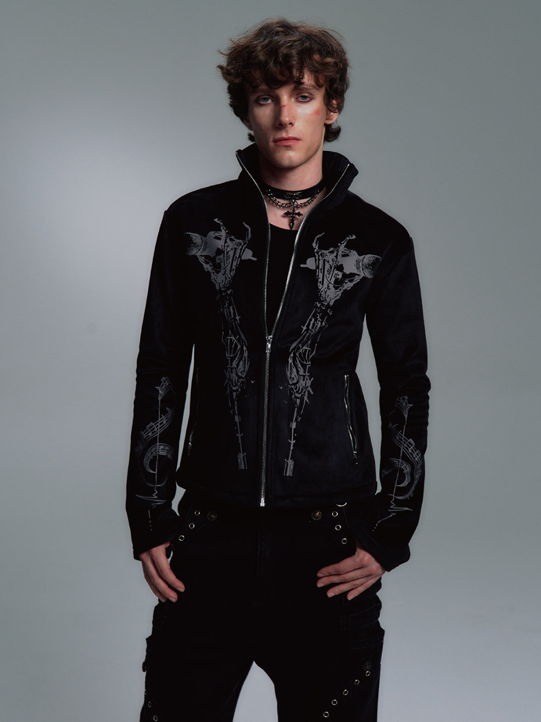 Skull Singer Music-Note Velvet Zip Jacket - View 6