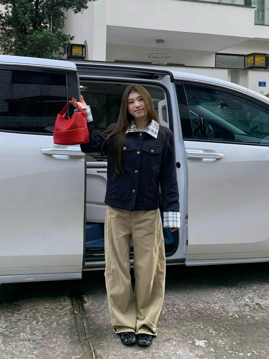 Khaki panel-seam wide-leg jeans street styling