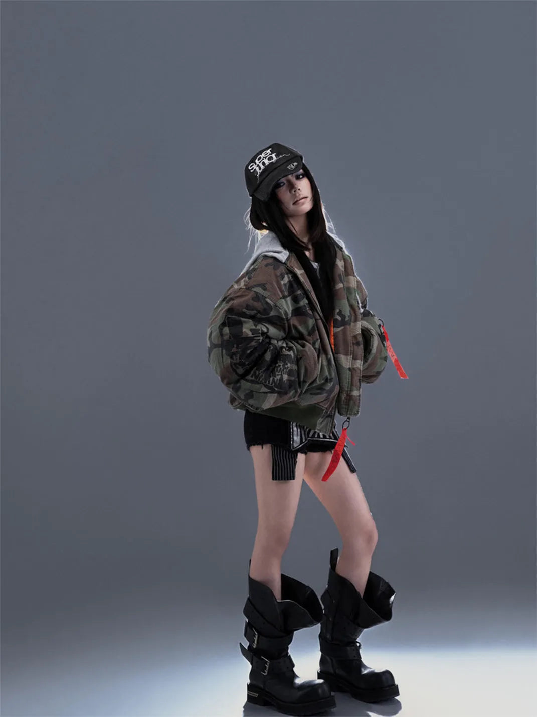 Distressed Camouflage Hooded Bomber Jacket - View 6