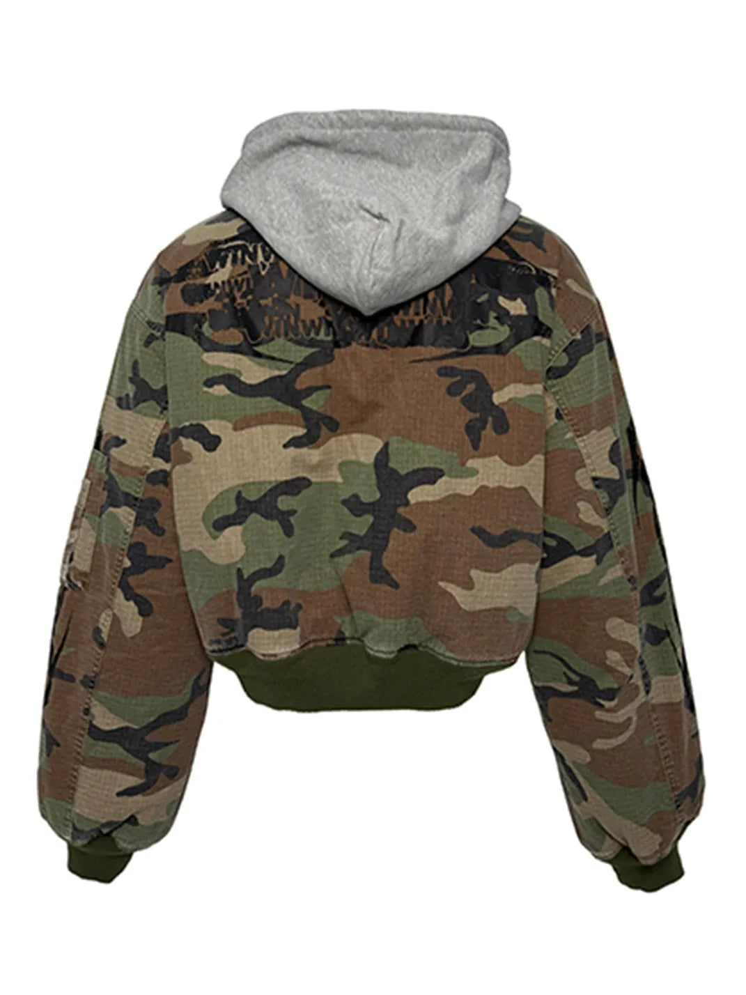 Distressed Camouflage Hooded Bomber Jacket - View 9