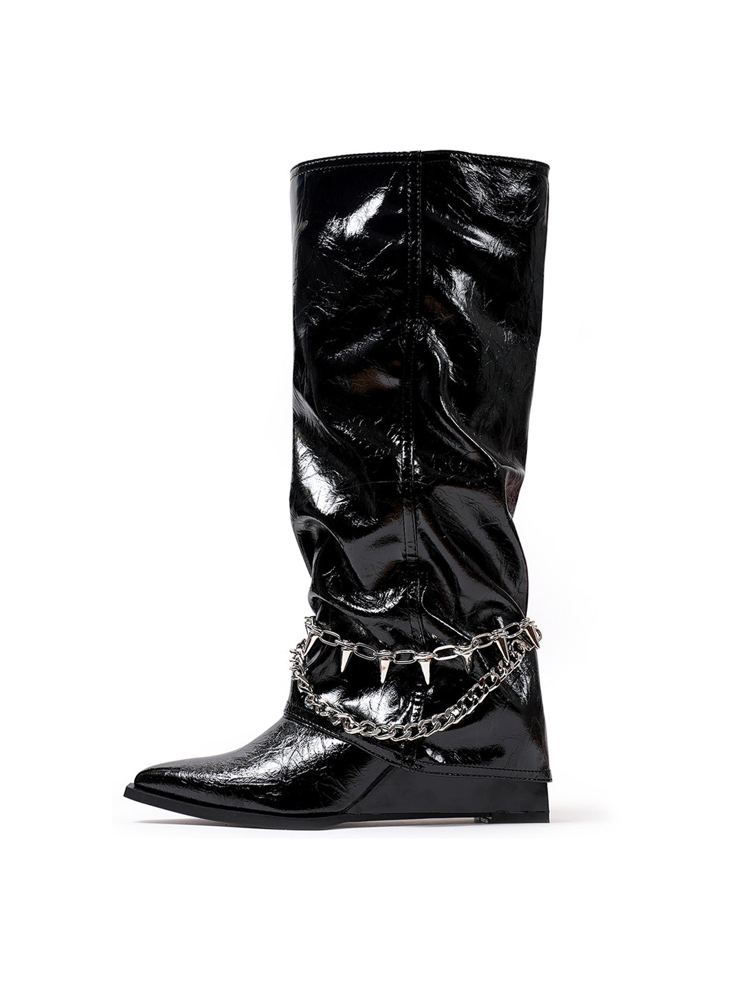 Spiked-Chain Patent Mid-Calf Boots