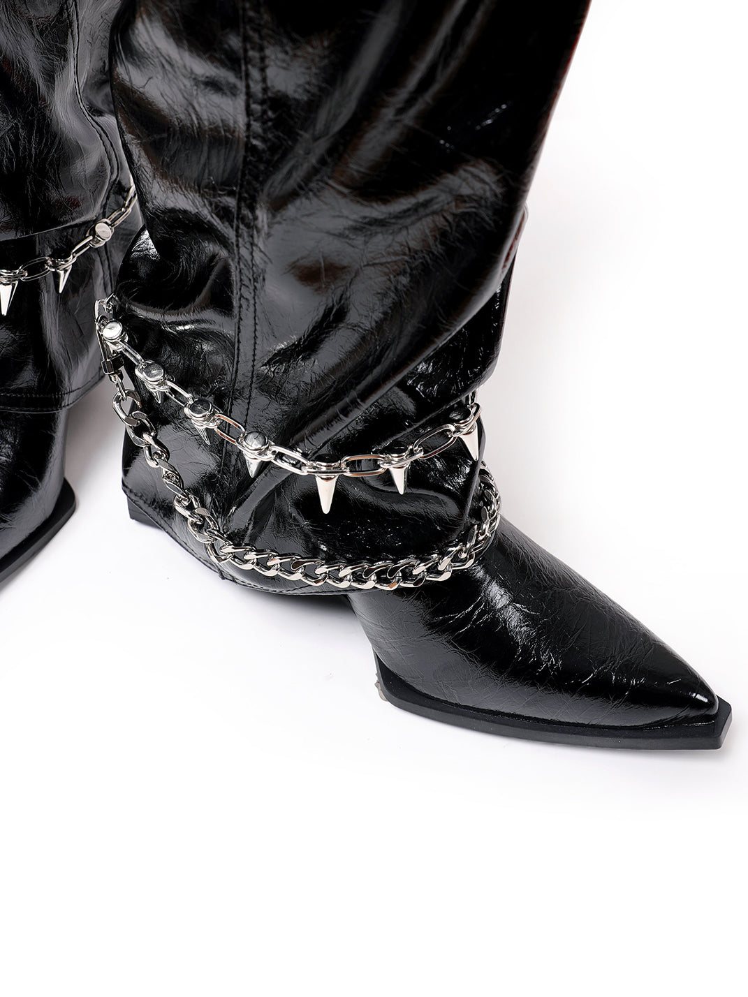 Spiked-Chain Patent Mid-Calf Boots - View 7
