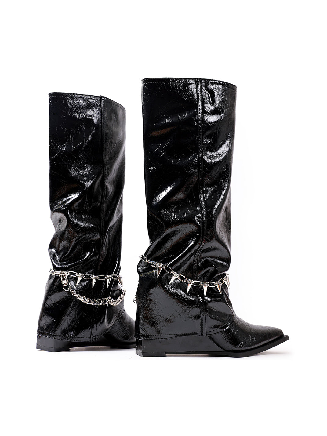 Spiked-Chain Patent Mid-Calf Boots - View 8