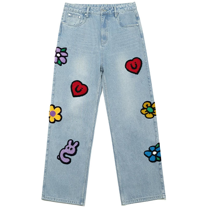 Light wash straight-leg jeans with Love Embroidery