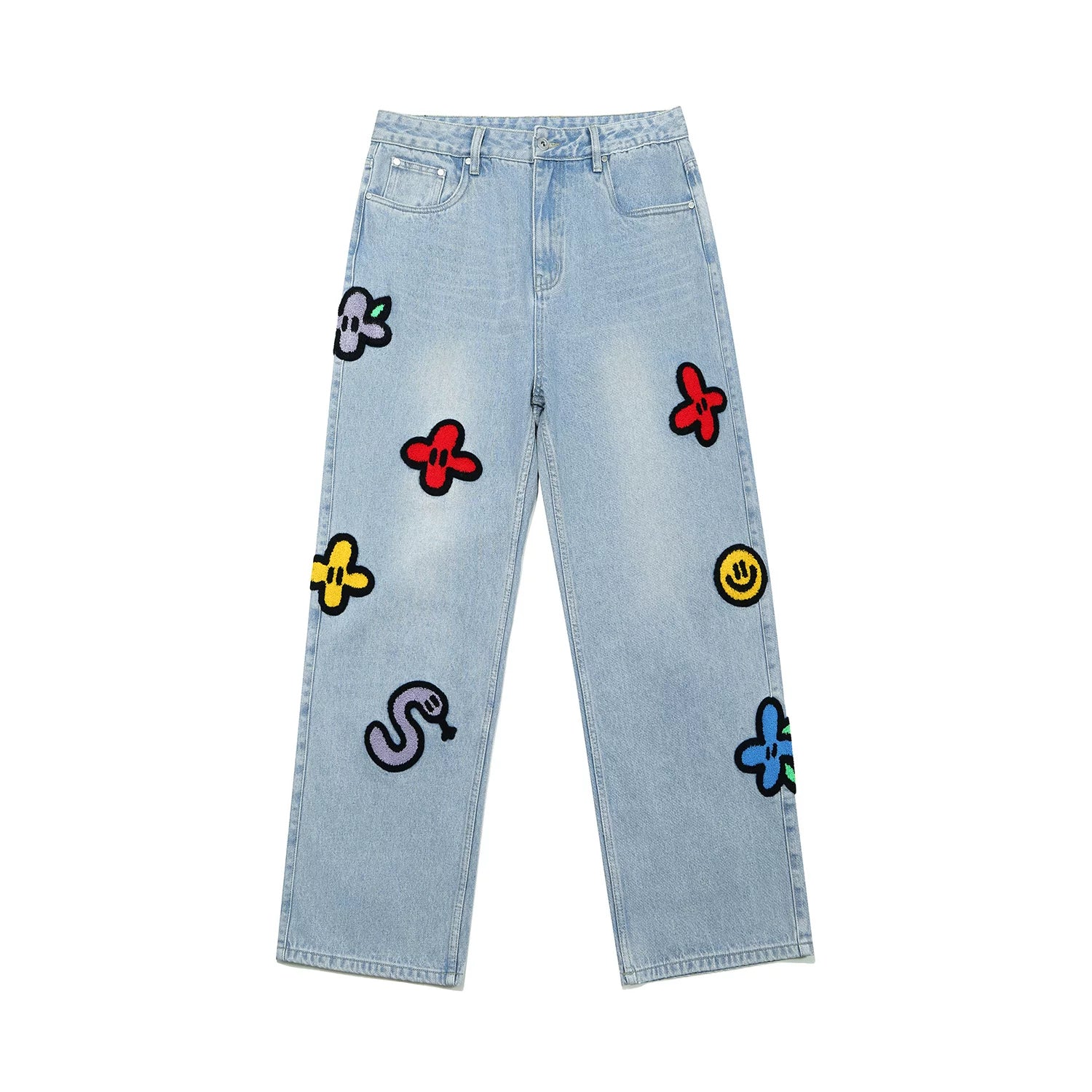 Light wash straight-leg jeans with Small Flower Embroidery