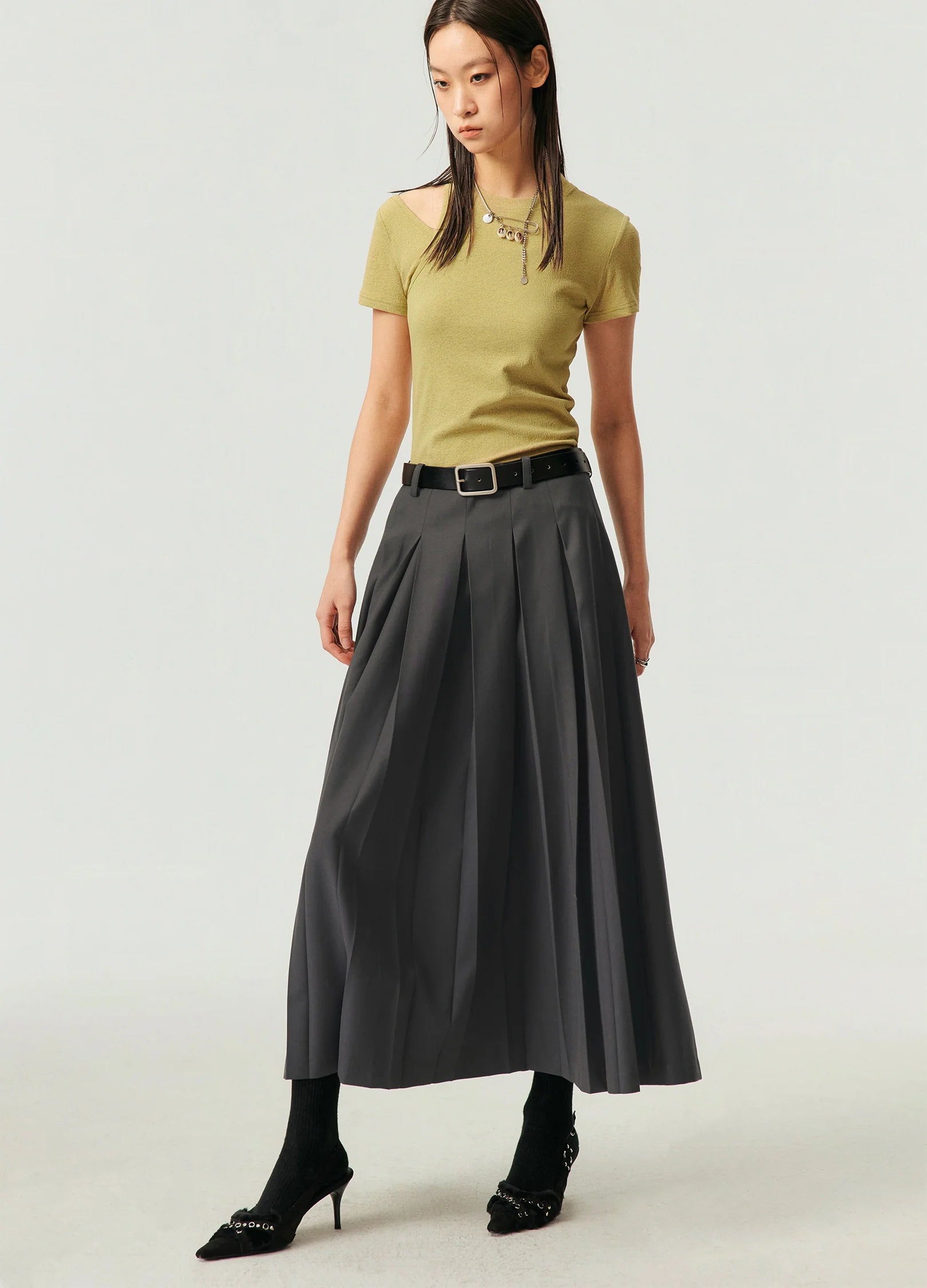 Deep Box Pleated Midi Skirt