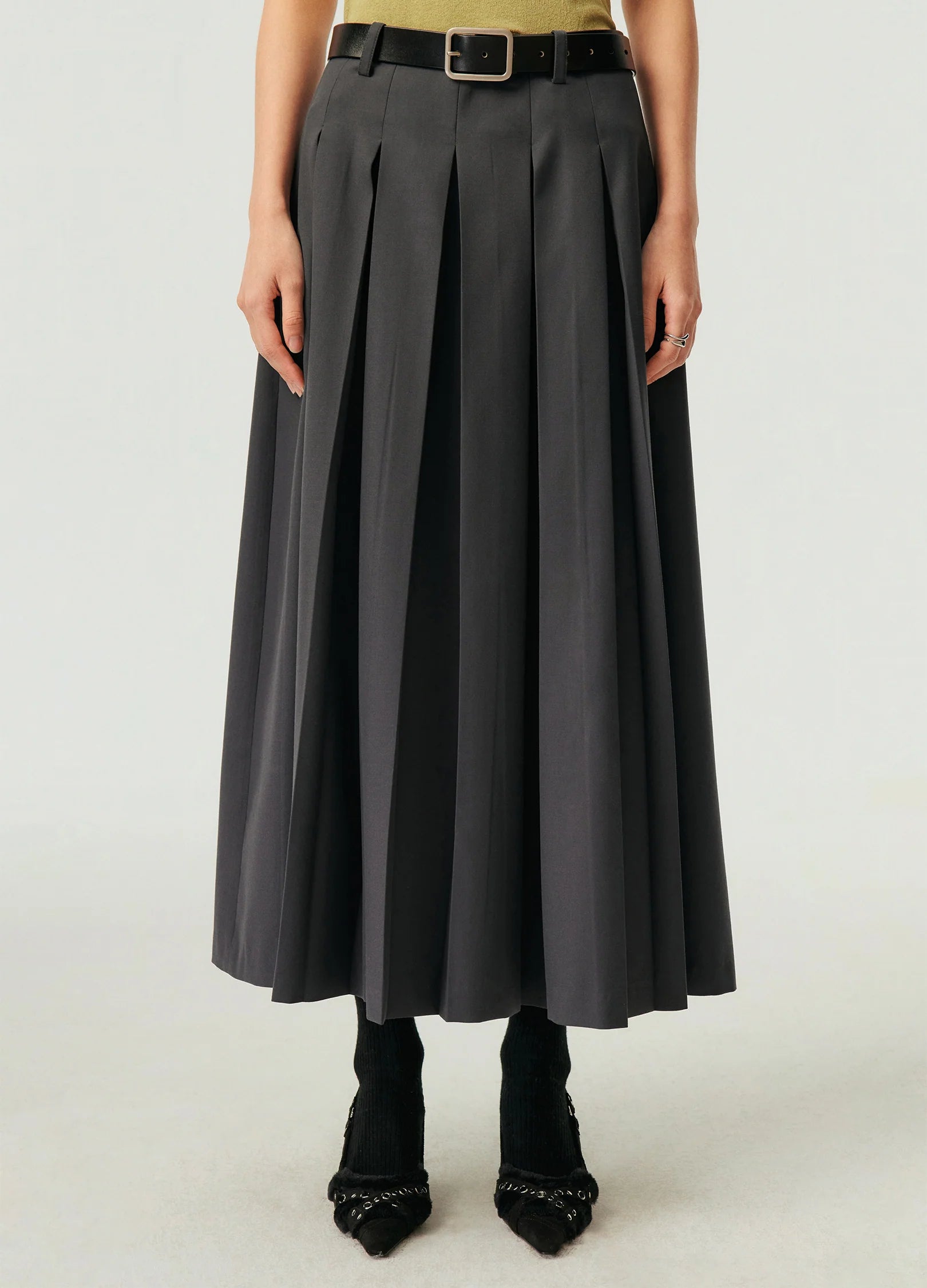 Deep Box Pleated Midi Skirt