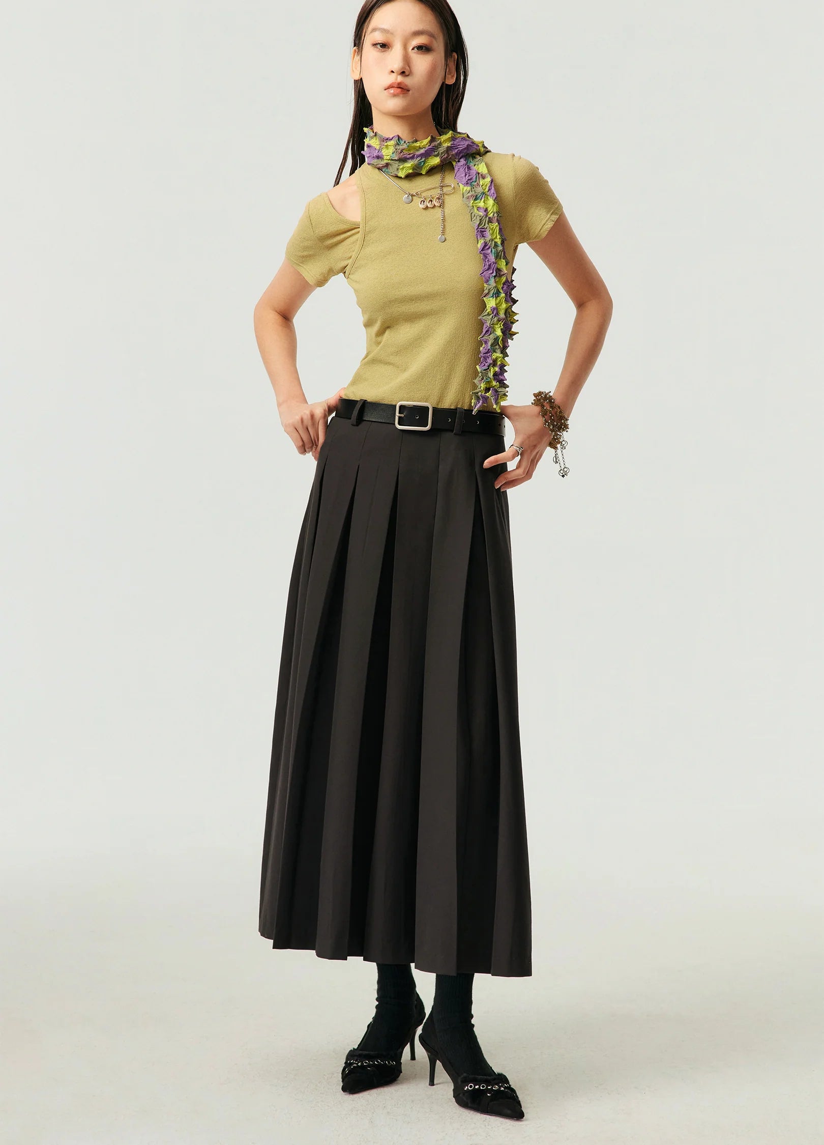 Deep Box Pleated Midi Skirt
