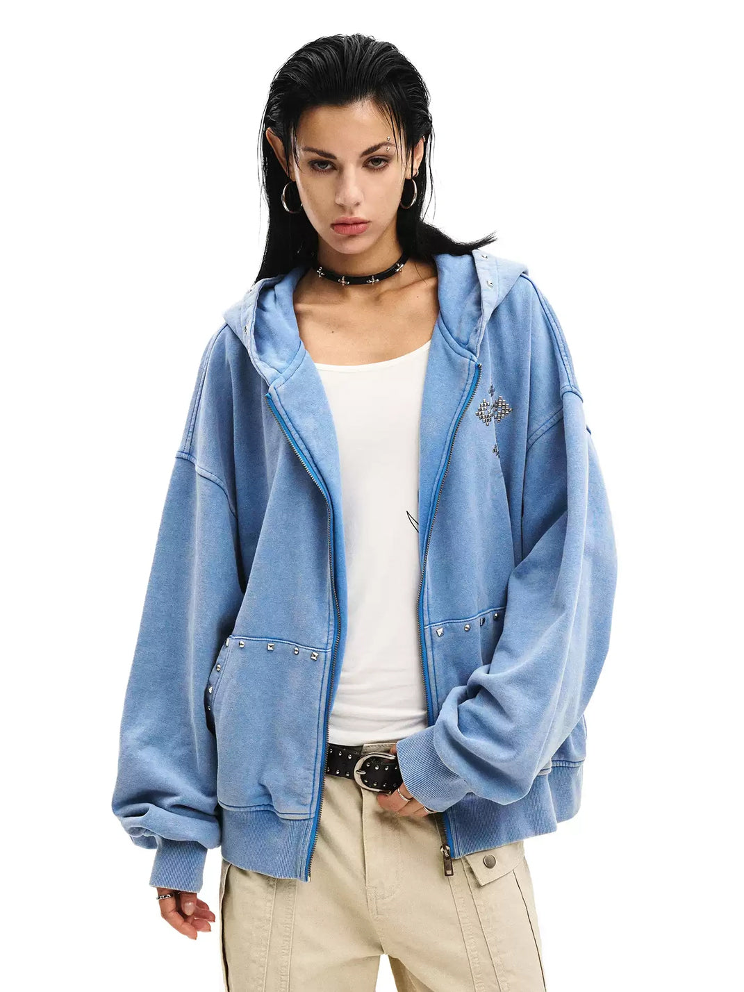 Powder Blue Cross-Stud Distressed Zip Hoodie — product view 2