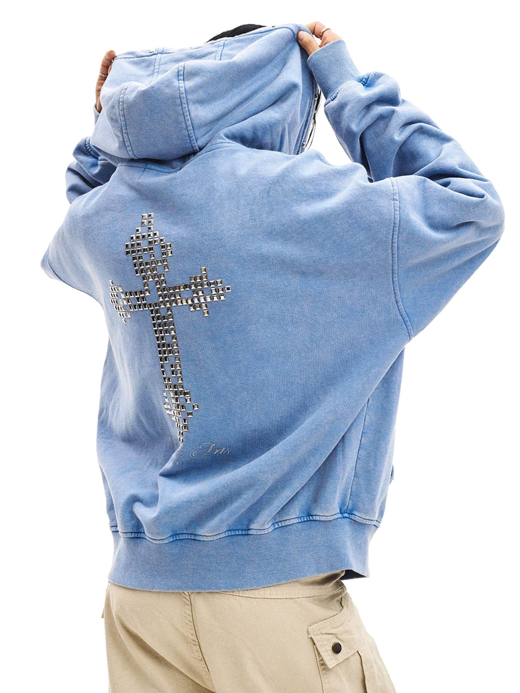 Powder Blue Cross-Stud Distressed Zip Hoodie — product view 3